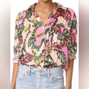 Free People Palm Leaf Print Long-Sleeve Button-Up Oversized Blouse